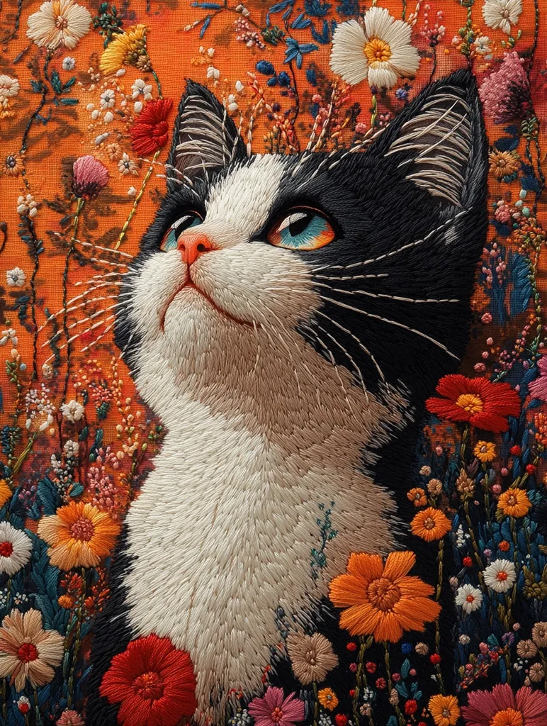 The image is an embroidery of a black and white cat looking up with a bright orange background filled with colorful embroidered flowers. The cat's fur is meticulously detailed with white and black stitches, and the flowers are equally lifelike. The artwork creates a sense of wonder and beauty, highlighting the intricate craftsmanship of embroidery.