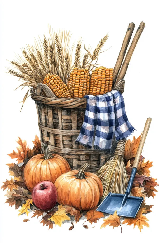 A wicker basket overflowing with ears of corn, wheat stalks, and a blue and white checkered cloth is surrounded by pumpkins, an apple, and fall leaves. There is also a broom and a blue shovel lying beside the basket, creating a charming autumn scene.
