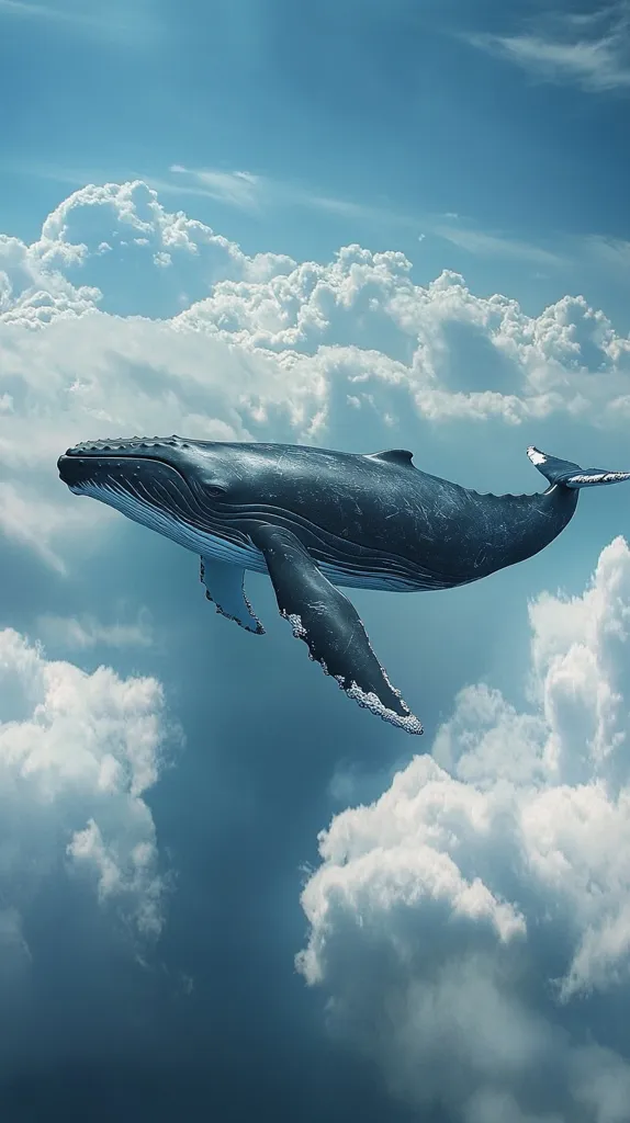 A large whale swims through a clear blue sky with fluffy white clouds. The whale is dark grey and has a long, slender body with a slightly pointed head. Its flippers are extended outwards, and its tail is slightly raised. The sun shines brightly in the sky, illuminating the scene. The whale appears to be swimming effortlessly through the air, with a sense of peace and freedom.