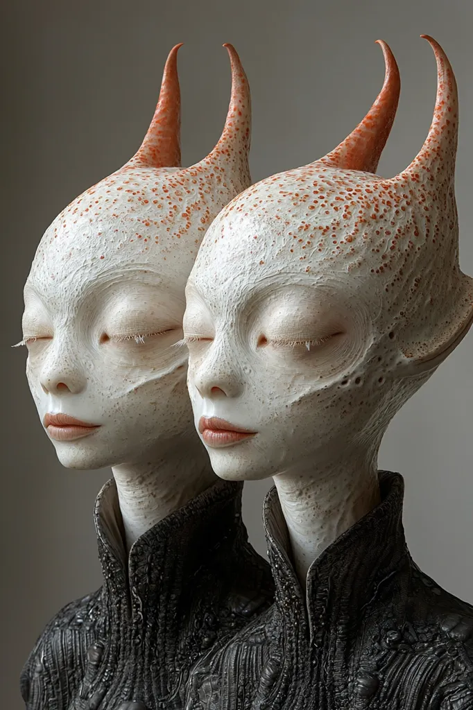 Two androgynous figures with pale, textured skin and large, pointed, orange horns. They have their eyes closed and their lips are slightly parted. They are wearing dark, textured jackets with high collars. The background is a simple, off-white. The image has a mysterious and slightly unsettling feel.