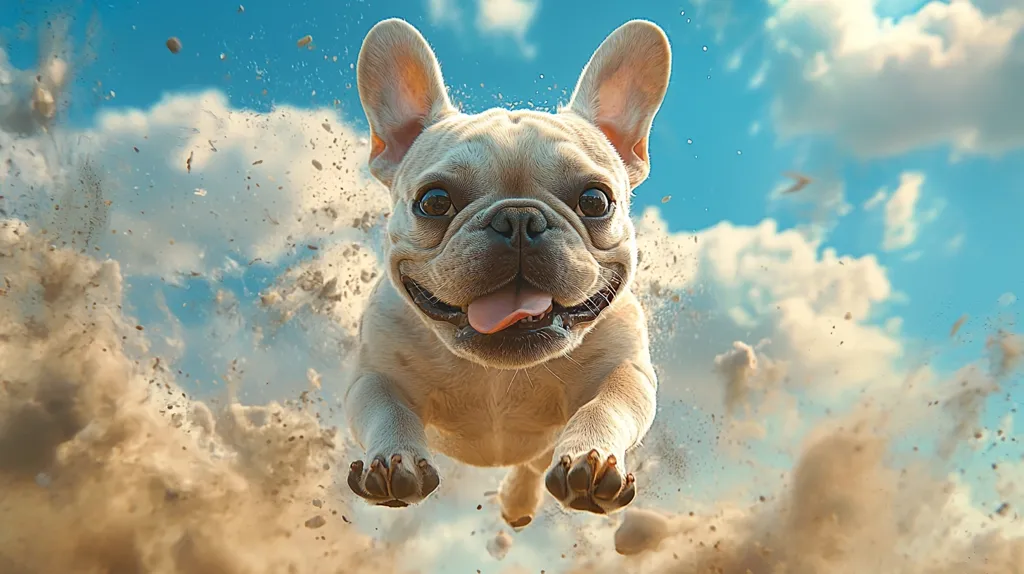 A French bulldog with a wide smile and tongue sticking out is flying through the air, surrounded by a cloud of dust. The sky is blue and fluffy clouds dot the background. The dog’s paws are outstretched and it looks like it is enjoying its flight.  The image is captured from a low angle, giving the dog a larger-than-life appearance.