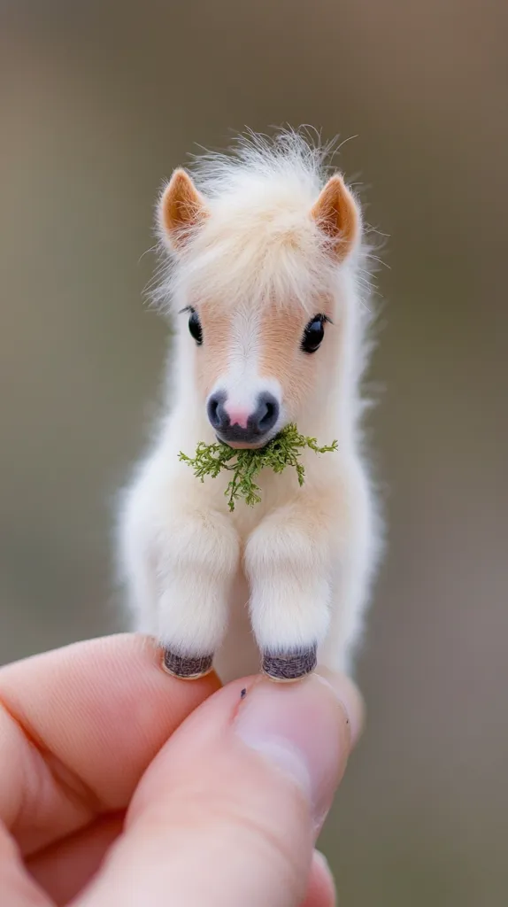 A small, white pony with a fluffy mane is being held in a person's hand. The pony is chewing on a clump of green grass, and its big, dark eyes are looking directly at the camera. The pony's coat is soft and white, and its hooves are small and black. The background is blurry, focusing the attention on the cute pony.