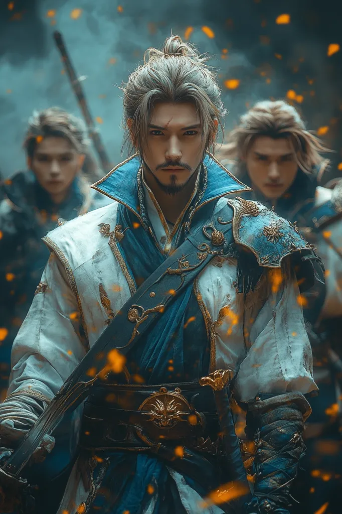 A warrior with long, white hair tied back in a bun, wearing a white and blue robe with gold accents, stands in a battle scene with other warriors behind him. The image is stylized and includes golden particles floating in the air. The warrior has a serious expression on his face and is holding a sword at his side. His clothing is detailed and elaborate, with intricate patterns and embroidery. The background is blurred and filled with a haze, creating a sense of depth and mystery. The overall tone of the image is powerful and dramatic.