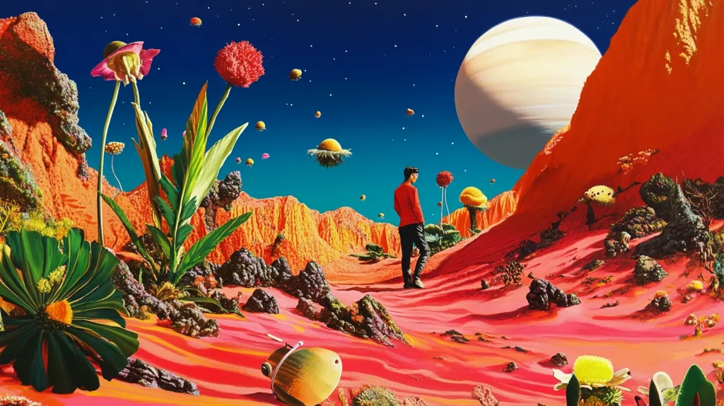 A surreal landscape with bright orange and pink hues. In the distance a large planet hangs in the sky, surrounded by flying saucers and stars. A man in a red jacket stands in the foreground, gazing at the scene. Tall, brightly colored plants and flowers bloom in the sandy dunes. The overall feel of the artwork is dreamlike and otherworldly.