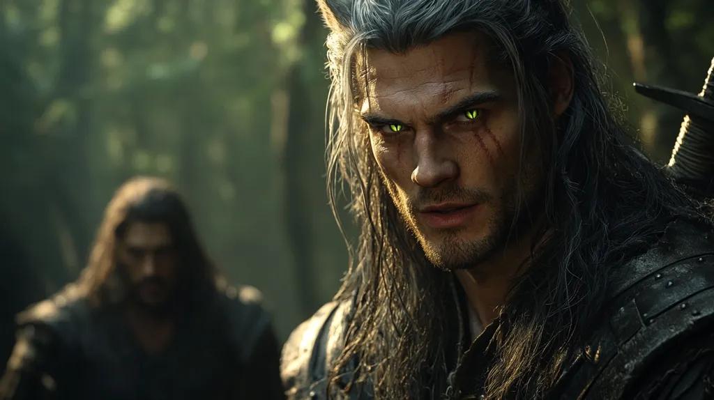 A man with long, dark hair and a beard stares intensely at the viewer. He has piercing green eyes and scars across his face.  He is wearing leather armor and a sword is strapped to his back.  The background is blurred and features a forest.  The image is likely from a fantasy film or television series.