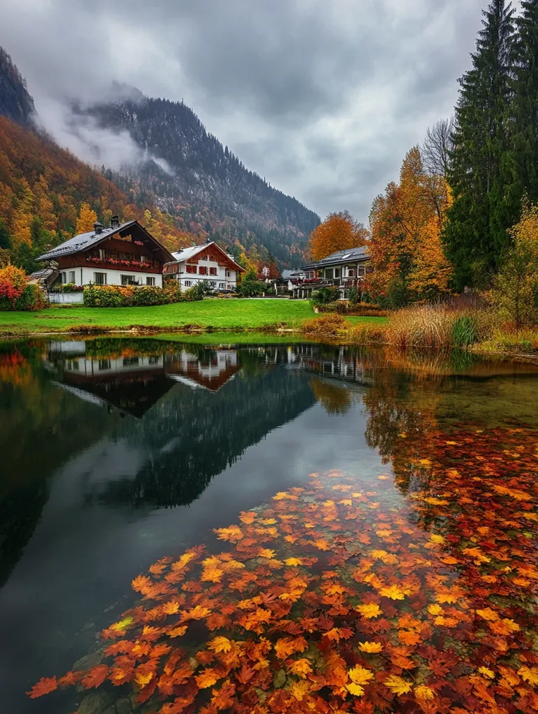 A serene lake reflects a misty mountain backdrop and quaint houses nestled amongst autumnal foliage. The water is dotted with fallen leaves, adding to the picturesque landscape. The scene captures the tranquil beauty of a mountain village in the changing season.
