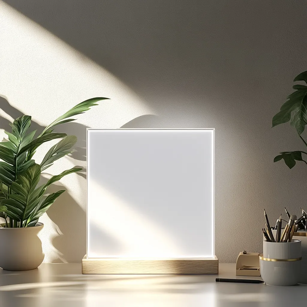 A white, square, lightbox sits on a wooden base against a light beige wall. A potted plant with green leaves stands to the left of the lightbox. A pencil holder with pencils and a few other objects are to the right of the lightbox. Natural sunlight streams through the window and casts shadows on the wall and the lightbox. The table and the wall are both light beige.