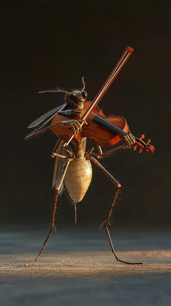 A large, skeletal insect with long, spindly legs stands on a flat surface, holding a violin under its chin with its long, thin arms. The insect appears to be playing the violin. The insect's wings are spread out behind it, as if it is preparing to take flight. The background is a dark, blurry, and out of focus. The insect's eyes are wide open and staring at the camera. The overall effect is whimsical and surreal.