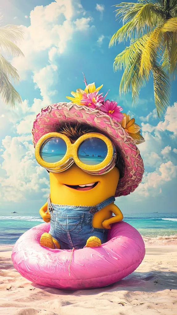 A Minion, wearing a pink sunhat with flowers and oversized goggles, sits on a pink inflatable ring on a sandy beach. The background shows a turquoise ocean and a palm tree with bright blue sky and white fluffy clouds. The Minion has a big smile on its face and looks happy.