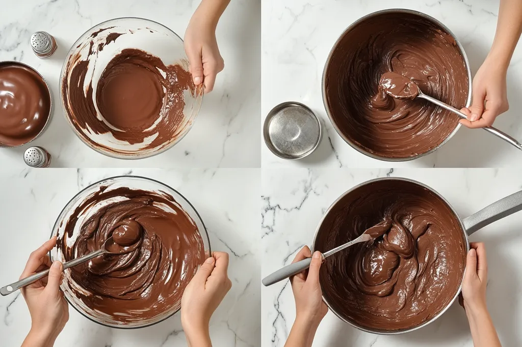 The image shows four different steps of making chocolate. It shows a hand stirring chocolate in a bowl and a saucepan with a spoon. There are also two small containers of chocolate on the counter, one of which is being stirred. The counter is white with gray marbling.