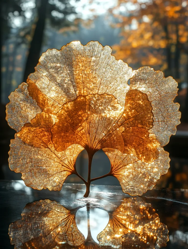 A delicate, intricate, golden-hued leaf, resembling a fan, stands on a reflective surface. The leaf's translucent texture allows light to filter through, creating a mesmerizing interplay of light and shadow. The background is blurred, suggesting a natural setting, possibly a forest or a park. The reflection of the leaf in the water enhances the overall beauty and ethereal quality of the image.