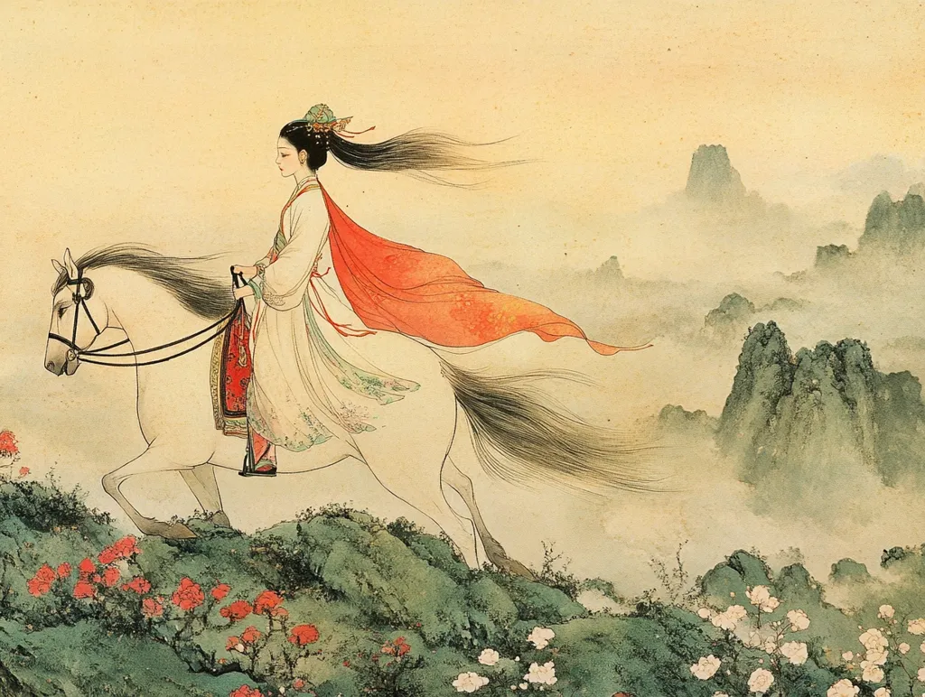 The image depicts a woman in traditional Chinese clothing riding a white horse through a misty landscape. The woman's long black hair flows behind her, and her red cloak billows in the wind. The horse is galloping across a rocky mountain path, and the surrounding mountains are shrouded in mist. The scene is painted in a delicate and elegant style, with soft colors and subtle details. The overall feeling of the painting is one of peace, tranquility, and beauty.