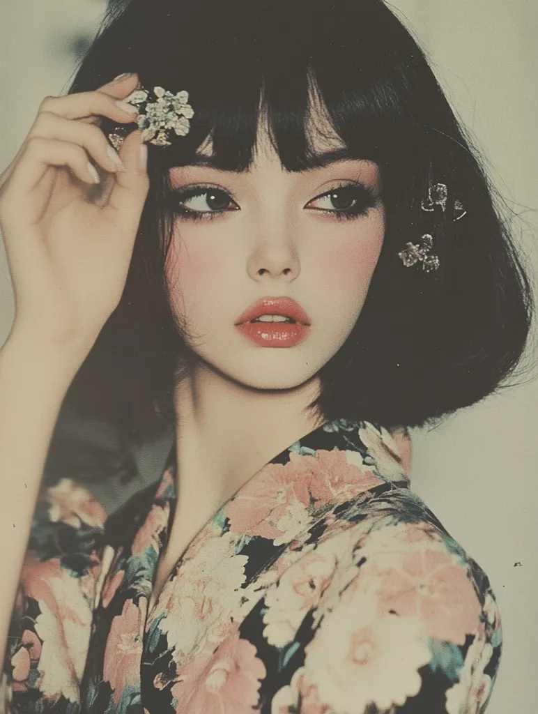 A young woman with long, black hair and bangs wears a floral blouse. Her hand is gently touching her hair, and she is looking softly at the camera.  She is wearing light makeup, and her face is framed by a delicate flower behind her ear. The photo has a vintage, dreamy quality.