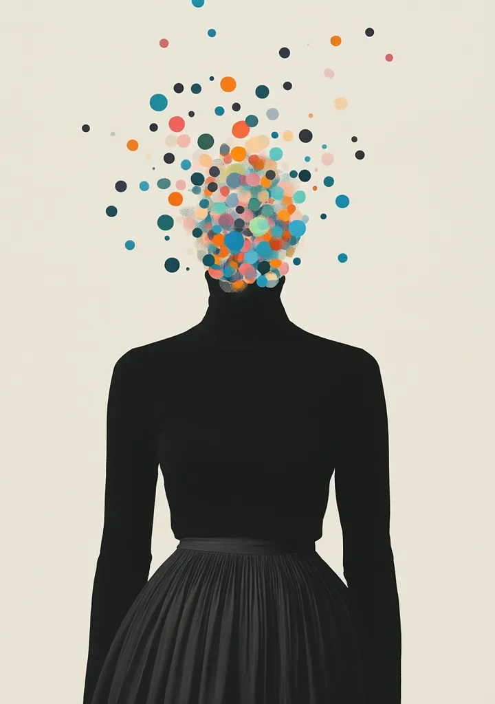 The image features a silhouette of a person in a black turtleneck and skirt. Their head is replaced by a swirling cloud of colorful dots, suggesting a burst of energy, ideas, or emotions. The minimalist background emphasizes the person and their unique, abstract "head."  The overall feel is playful and intriguing, inviting the viewer to interpret the meaning behind the colorful dots.