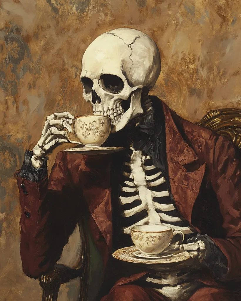 The image depicts a skeletal figure, dressed in a burgundy jacket and black cravat, enjoying a cup of tea. The skull is detailed, with empty eye sockets and a gentle smile. The figure holds a delicate teacup and saucer, with a floral design, against a warm, earthy background. The image has an unsettling charm,  contrasting the traditional setting with the eerie subject.  The composition is balanced, with the skeleton centered and the teacup positioned to the right. The image evokes a sense of morbid curiosity and the idea of death as a participant in everyday life.