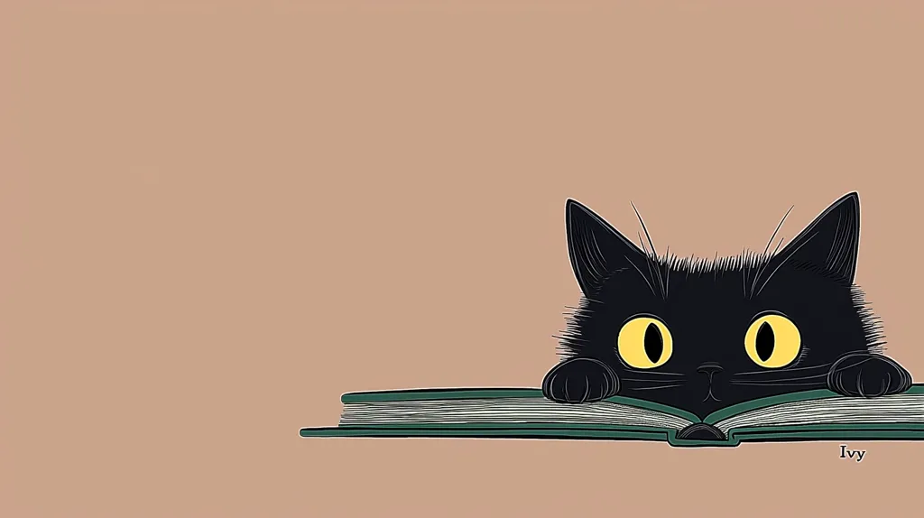 The image is a simple, cute illustration of a black cat with big yellow eyes peeking out from behind an open book. The background is a light beige color, with the cat's fur and the book being the main focus. The signature "Ivy" is visible at the bottom right of the image. The illustration is in a cartoon style and evokes a sense of playfulness and curiosity.