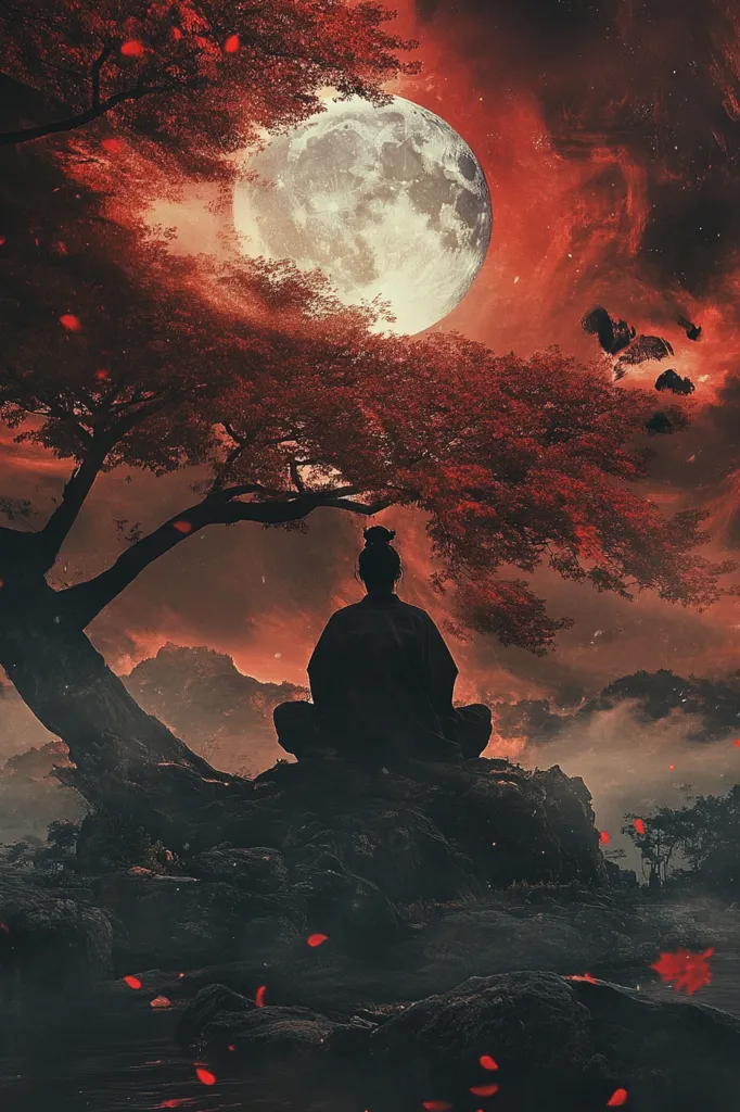 The image depicts a solitary figure sitting in a meditative pose on a rocky outcropping beneath a large, gnarled tree. The figure is silhouetted against a backdrop of a full moon hanging in a crimson sky.  The scene evokes a sense of tranquility and introspection, with the vastness of the sky and the stillness of the figure creating a feeling of peace.  The red hues suggest a sense of mystery and wonder, while the overall atmosphere is one of serenity and contemplation.