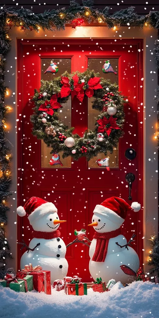 Two cheerful snowmen stand in front of a red door adorned with a festive wreath, sparkling lights, and a dusting of snow. They are warmly dressed in scarves and hats, with a festive wreath hanging above them. The scene is filled with the warmth and joy of the holiday season.