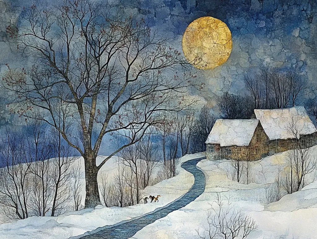 A large, bare tree stands in the foreground of a snowy landscape, its branches reaching towards a full, golden moon hanging high in the sky. A winding path leads to a small, snow-covered cottage nestled in the distance, bathed in the soft light of the moon. The scene is serene and peaceful, with the white snow blanketing the ground and a sense of quiet solitude pervading the air.