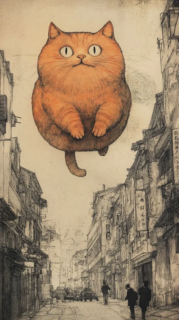 A large, cartoonish orange cat floats in the air above a narrow, brick-lined street. The cat has wide, innocent eyes and a large, round body.  The street is lined with buildings on both sides, and a few people walk on the sidewalk. The drawing is done in a simple, sketch-like style.  The image is whimsical and charming.