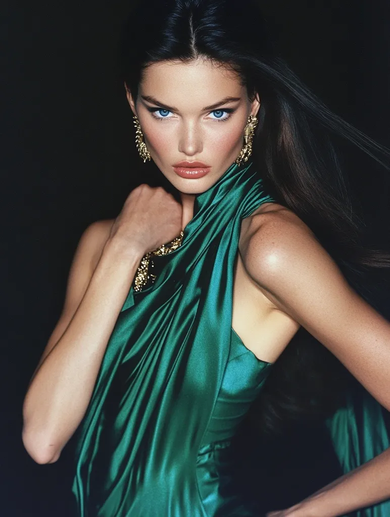 A woman with long black hair and piercing blue eyes gazes intently at the camera. She is adorned in a luxurious emerald green satin gown that drapes elegantly around her, with a hint of a golden necklace and earrings adding a touch of sparkle.  The dark background creates a dramatic and alluring contrast against her captivating gaze and the rich color of her attire.  She exudes confidence and sophistication, creating a captivating visual.