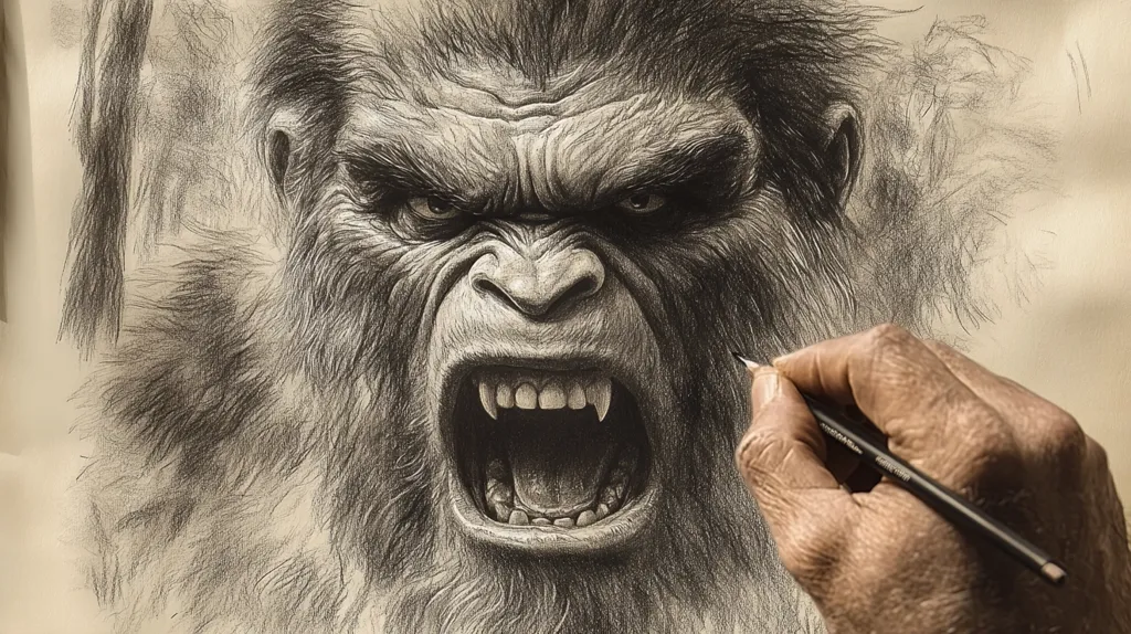 A close-up, black and white image of an artist's hand drawing a detailed portrait of a gorilla. The gorilla's face is in focus, with its mouth open in a roar, showing sharp teeth.  The artist's hand is blurred, adding depth and motion to the scene. The image captures the intensity and realism of the artist's work.