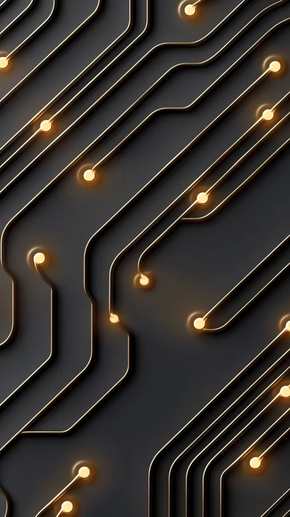 A close-up abstract image of a circuit board with gold-colored wiring and glowing light at the intersections. The image is a representation of modern technology and connectivity. The background is black, creating a stark contrast with the gold wiring. The glowing lights add a sense of dynamism and energy to the image.