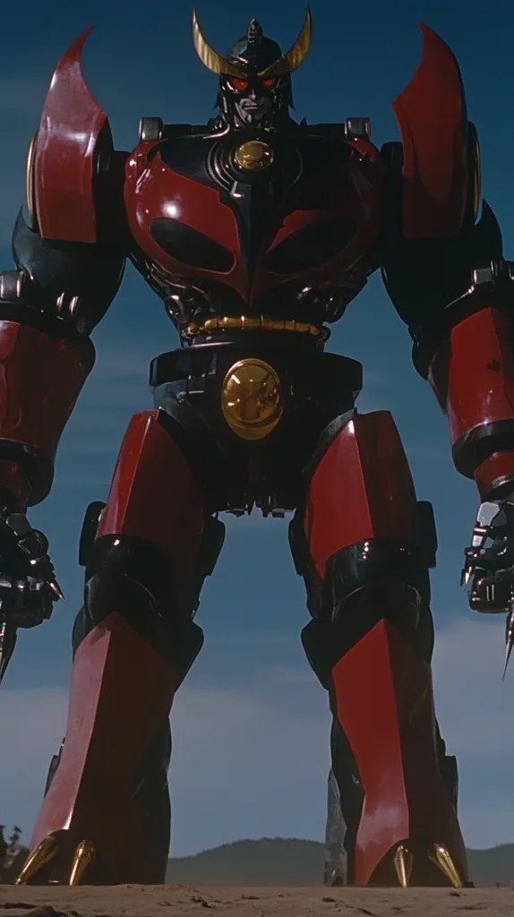 A large, imposing robot stands in a desert. It is primarily red and black, with a gold belt and a helmet with a menacing expression. The robot has a muscular physique and sharp, pointed claws. The sky behind it is a bright blue.  The robot is facing the camera, giving the viewer a sense of awe and apprehension.