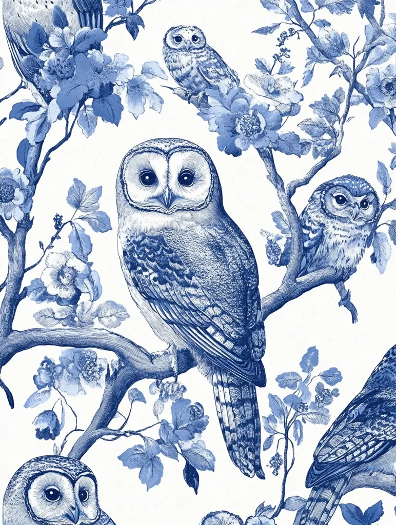 A delicate blue and white illustration depicts a scene of owls perched on blooming branches. The central owl, a large barn owl, faces forward with its wings folded. Smaller owls, including one perched on a branch above, add to the intricate design. The branches are adorned with delicate blue flowers and leaves, creating a harmonious balance between the birds and their surroundings.  The illustration uses a detailed style that captures the beauty of these creatures in a whimsical and elegant way.