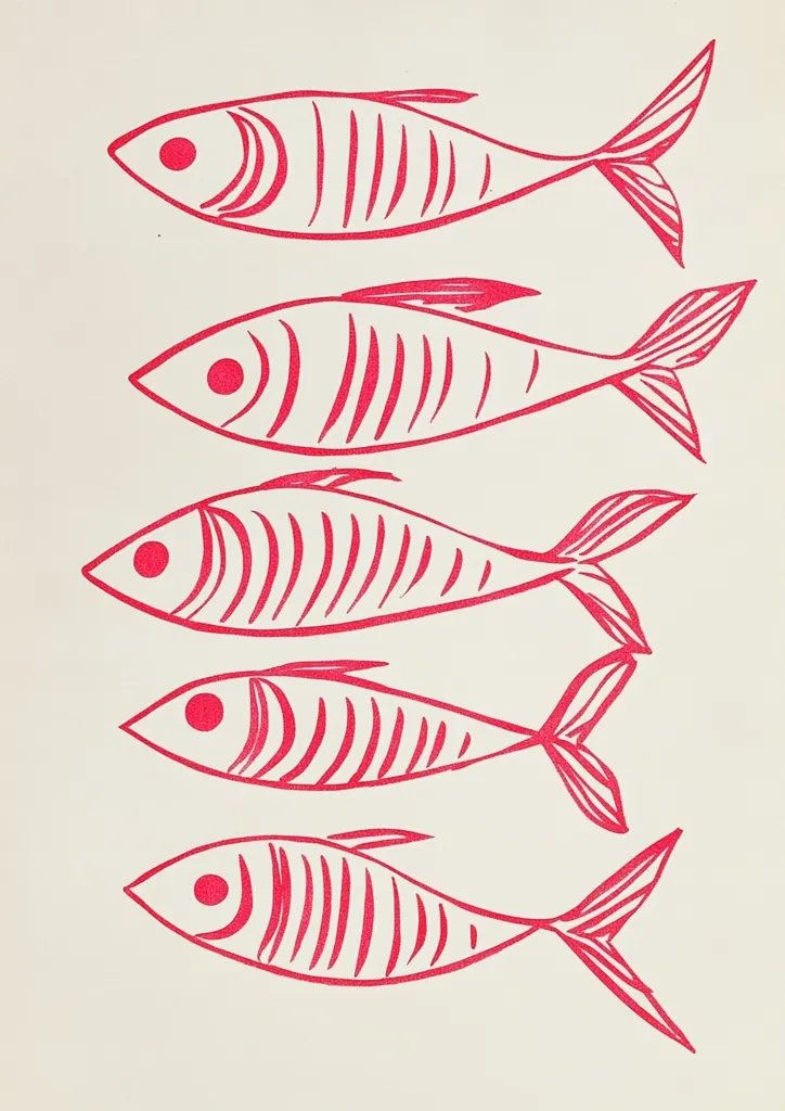 The image depicts five red fish, drawn in a simple, stylized manner. They are arranged vertically, with the largest fish at the top and the smallest at the bottom. The fish have large, round eyes and are all facing to the right. The background is a plain white color.