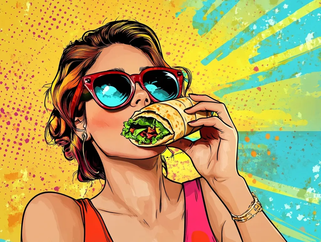 A woman with red hair and sunglasses is biting into a large wrap, her face is focused on the food. She is wearing a red tank top and a gold bracelet on her wrist. The background is a pop art style with yellow and blue colors. The image is vibrant and playful.