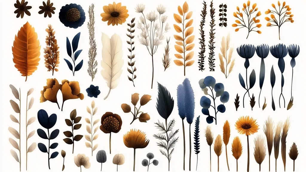 The image is a collection of various watercolor illustrations of flowers, leaves, and stems in shades of blue, brown, and yellow. The illustrations are arranged in a grid pattern and feature a variety of styles and shapes.  The background is white and the artwork is clean and minimalist.