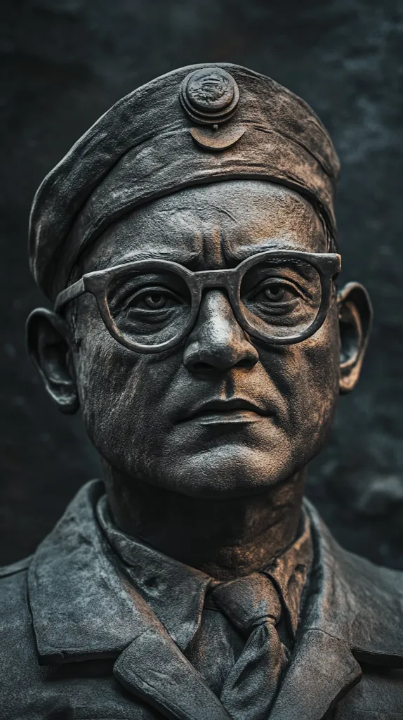 A close-up of a bronze statue of a man wearing a cap, glasses and a tie. The statue is detailed, with wrinkles on the man's face and creases in his clothing. The lighting is dramatic, casting shadows across the statue's face.  The image evokes a sense of history and solemnity.