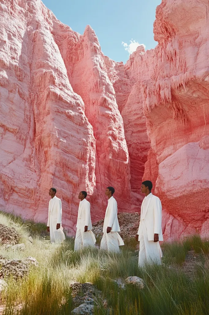 Four men in white suits walk in a line across a rocky, pink landscape. The men are all facing the same direction, and their postures are relaxed and confident. The rocks behind them are rough and textured, with an almost otherworldly quality. The sky is a clear, bright blue. The scene is a striking contrast of color and texture, with the men's white suits standing out sharply against the pink rocks.