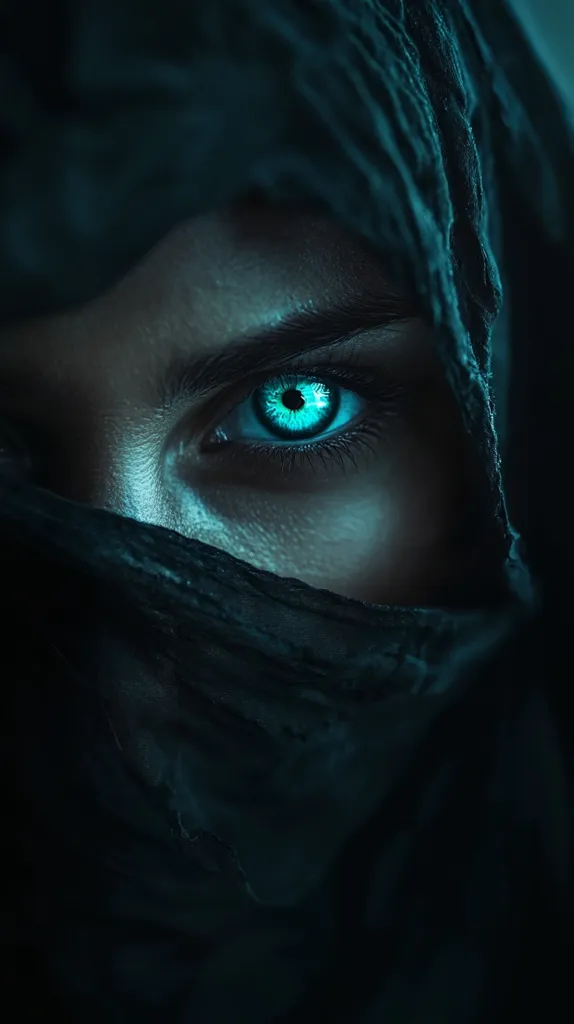 The image shows a close-up of a person's face, partially obscured by a dark, textured fabric.  A single, striking blue eye with a black pupil stares intently from beneath the fabric. The low-light, shadowy setting creates a sense of mystery and intrigue, emphasizing the intensity of the gaze. The image evokes a sense of hidden identity or a concealed story.