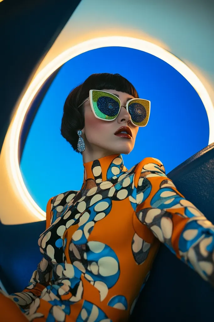 A woman with dark hair and dramatic makeup wears oversized, sparkly, cat-eye sunglasses. She is dressed in a vibrant orange, blue, and white patterned jumpsuit, sitting in a futuristic, colorful environment. The background features a large, glowing, white circle against a deep blue backdrop. The image has a retro, stylized feel with a focus on the woman’s bold fashion choices.