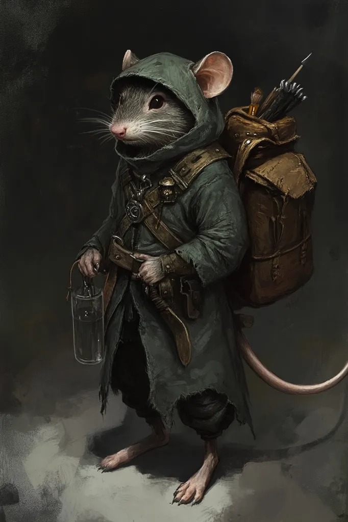 The image depicts a rat-like creature dressed in a dark green hooded cloak and carrying a backpack. The creature has a long, thin tail and appears to be a traveler, possibly a rogue or adventurer. The backpack is filled with supplies, including a quiver of arrows, suggesting that the creature is on a quest or mission. The image has a dark and mysterious tone, suggesting a sense of danger and adventure. The creature's expression is determined and focused, hinting at its courage and resilience.  The overall image creates a whimsical and intriguing scene, blending anthropomorphic elements with a fantasy setting.
