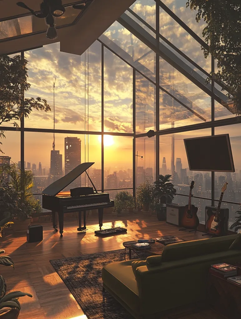 A grand piano sits in a modern, glass-walled living room overlooking a city skyline. The sun sets behind the skyscrapers, casting a warm golden glow across the room. Green plants and furniture complete the scene, creating a peaceful and luxurious atmosphere. Two guitars stand against a wall, adding to the artistic vibe of the space.