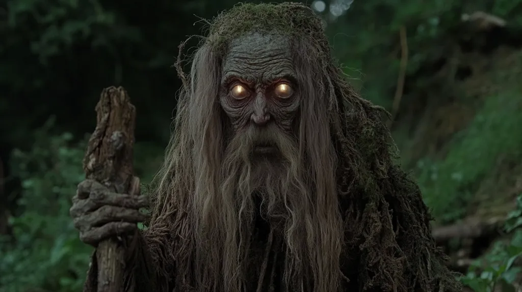 A close-up of a creature with a long, gray beard and hair.  He is covered in dirt and moss and has glowing eyes.  He holds a gnarled stick in his hand.  The background is a dark forest.  The creature appears menacing.