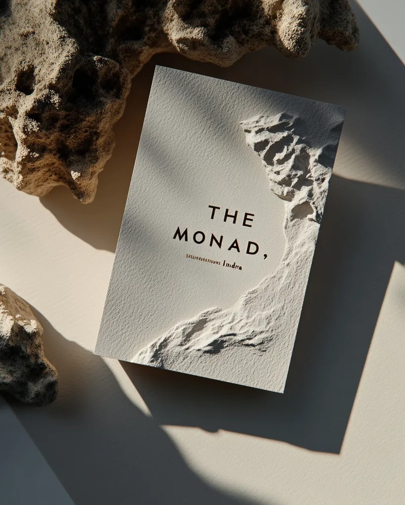 The image shows a close-up of a textured card with the words "The Monad" embossed in a dark brown color. The card is laying on a white surface, with a piece of textured, light brown rock partially in the frame. The lighting is soft and creates a shadow from the rock on the card and the surface beneath. The overall aesthetic is minimalist and modern.