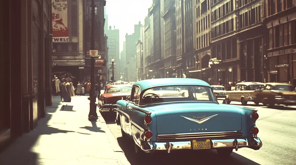 A vintage blue car is parked on the side of a city street, surrounded by tall buildings and other cars. The street is lined with pedestrians walking in both directions. The image captures a moment in time, showcasing the urban landscape and the classic cars of a bygone era.