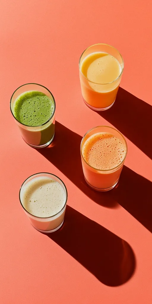 Four glass cups of different colored beverages sit on a coral-colored surface. The drinks include a green smoothie, a light yellow juice, an orange juice, and a creamy white drink. Sunlight casts long shadows from each glass.  The drinks are arranged in a slightly staggered formation.