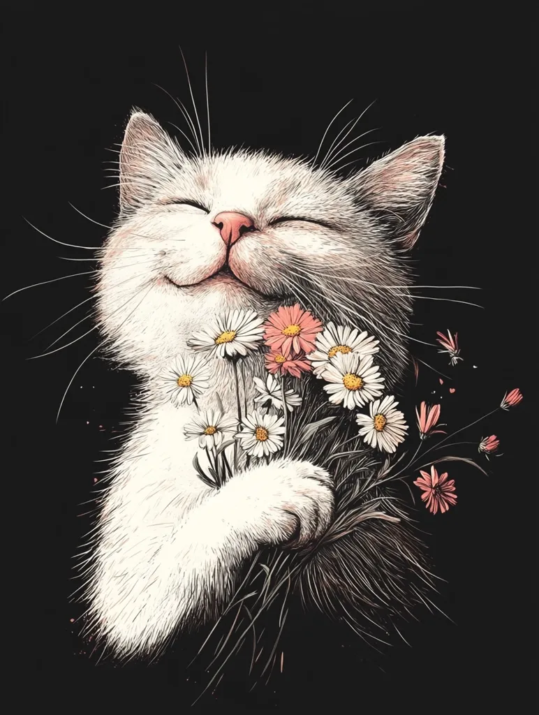A white cat with closed eyes smiles, its head tilted back as it holds a bouquet of delicate white and pink flowers in its paws. The cat's fur is meticulously detailed, and the flowers stand out against the dark background.  The image captures the essence of joy and innocence.