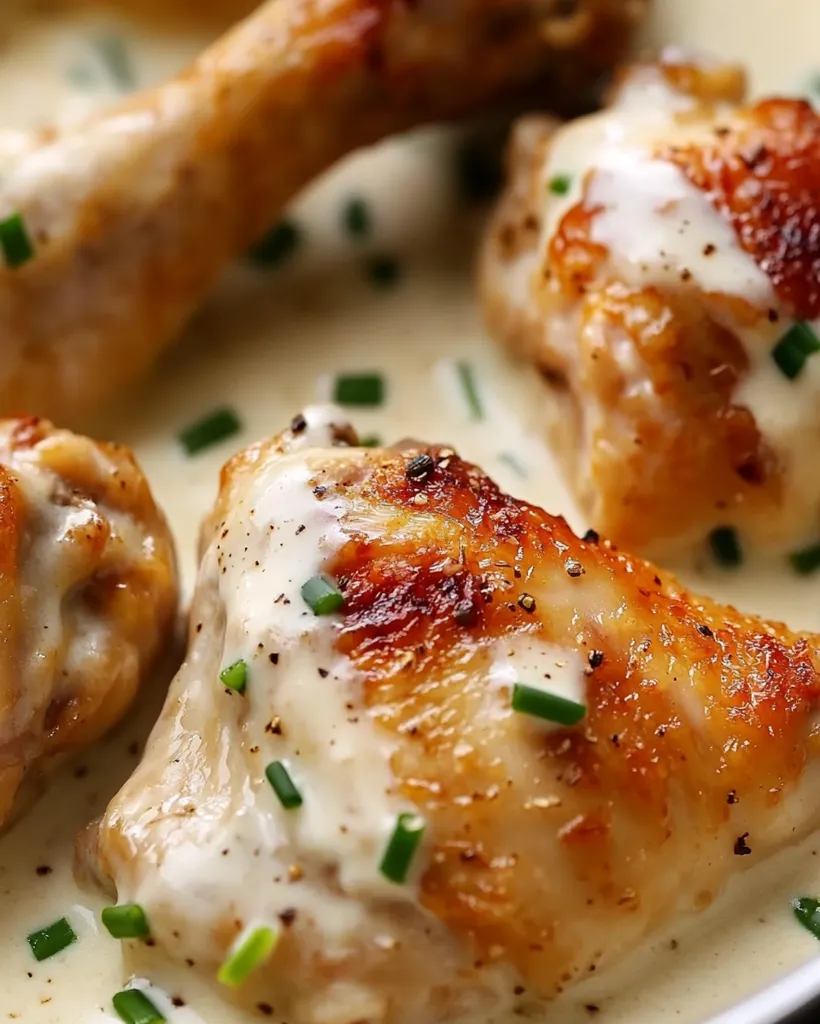 A close-up shot of a plate of chicken pieces in a creamy sauce. The chicken is golden brown and has a crispy skin. The sauce is white and creamy and is topped with a few sprigs of green herbs. The dish looks delicious and inviting.