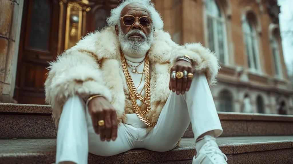 A mature man with a white beard and mustache, wearing a white fur coat, gold chains, and a gold ring, sits on a stone staircase with his legs crossed. He is wearing white pants and white shoes. He is looking down with a serious expression on his face. The background is a blurry view of a stone building. The image is a portrait of a man who exudes wealth and confidence.
