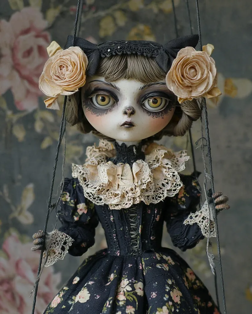 A porcelain doll with large, dark eyes and a painted expression of melancholy is dressed in a black floral dress with lace details. Her hair is styled in a bob and she wears a black headband with two large fabric roses. She is suspended by strings, suggesting she is a puppet. The background is blurred and features a floral pattern, perhaps a wallpaper. The doll's appearance is unsettling, suggesting a gothic or Victorian aesthetic.