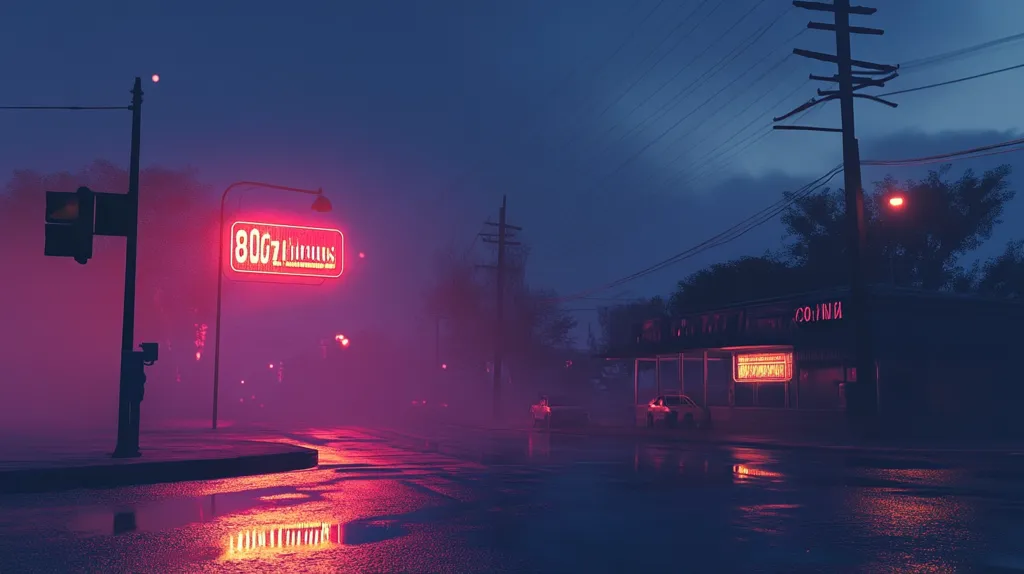 A street scene at night, with a neon sign that says "80GZ Films." The street is wet from rain, reflecting the light from the signs and streetlights. The scene is bathed in a pink and purple hue, creating a dreamy and atmospheric feeling. The buildings are dark and mysterious, adding to the overall mood of the image.  The image captures a sense of solitude and quietude, with the only sounds being the dripping of rain and the faint hum of streetlights.