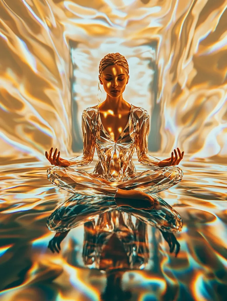 A woman sits in a lotus pose on a shimmering, golden surface, wearing a transparent, crystalline outfit. Her eyes are closed and she appears serene. The background features a soft, ethereal glow that resembles a curtain or flowing water, suggesting a mystical or spiritual setting.  Her reflection adds to the ethereal and meditative atmosphere.