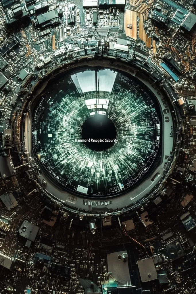 The image shows a circular, metallic object that resembles a giant eye.  The "iris" is a digital display with a black pupil, radiating lines and the words "Hammond Panoptic Security."  The object is surrounded by intricate circuitry, creating a futuristic, technology-driven aesthetic.  The image suggests a powerful surveillance system, highlighting themes of control and observation.