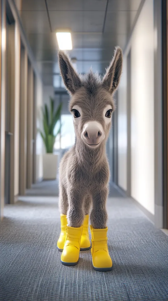 A small donkey wearing bright yellow rain boots stands in an office hallway, looking directly at the camera with a curious expression. The hallway is empty and clean, with carpeted floors and walls painted a neutral grey. The donkey's fur is a soft grey, and its large ears are perked up.